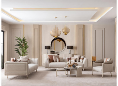 Beiges Wohnzimmer-Set 3-Sitzer-Sofas Sessel Couchtisch Beistelltisch Spiegel