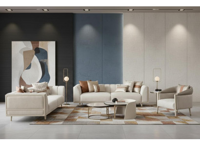 Beige 2x 3-Sitzer-Sofas Sessel und Couchtisch im eleganten Design