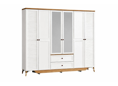 Moderner Kleiderschrank in Weiß mit Glasfronten und Holzverzierungen
