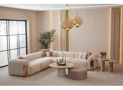 Beiges Wohnzimmer-Set großes Ecksofa Couchtisch Ottomane Beistelltische