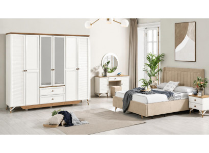 Schlafzimmer-Set mit Bett, 2 Nachttischen, Kleiderschrank und Spiegel