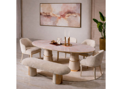 Modernes beiges Esszimmer-Set ovaler Esstisch Stühle gepolsterte Bank