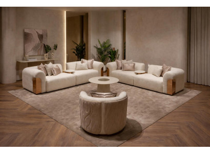 Beiges Wohnzimmer-Set 2 x 3-Sitzer-Sofas Sessel Couchtisch großes Möbel-Set