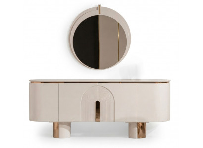 Beigefarbene Anrichte mit Spiegel Kommode Design-Sideboard aus Holz