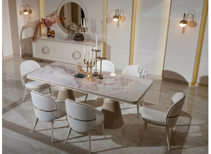 Beiges Esszimmer-Set großer Esstisch Stühle Sideboard Spiegel Esszimmermöbel