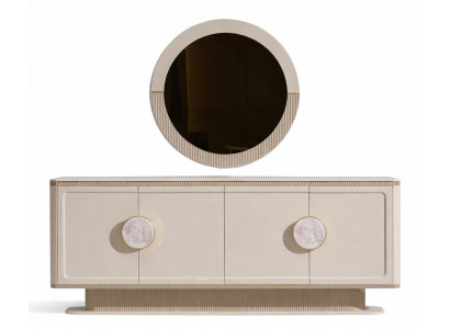 Beigefarbene Sideboard mit Spiegel Kommode Holz-Anrichte Esszimmermöbel