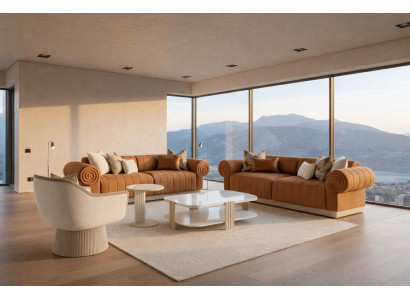 Braun-weißes Wohnzimmer-Set 3-Sitzer-Sofas Sessel Couchtisch Beistelltisch