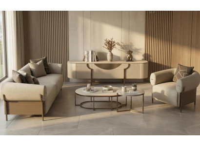 Luxuriöses beiges Wohnzimmer-Set 3-Sitzer-Sofa Sessel Couchtische TV-Schrank