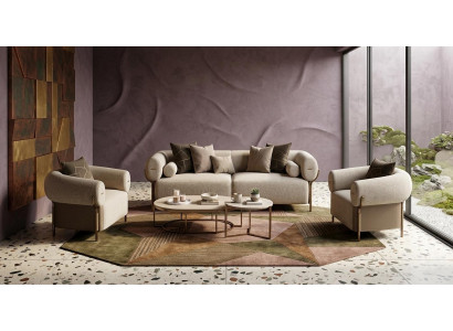 Modernes beiges Wohnzimmer-Set großes 3-Sitzer-Sofa zwei Sessel Couchtisch