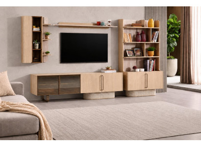 TV-Lowboard Wohnwand Eiche mit Bücherregal und Wandregalen Set