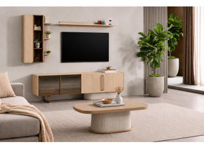 TV-Lowboard Wohnset Eiche mit 2 Wandregalen und Couchtisch Set
