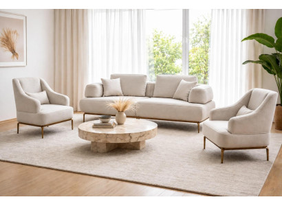 Eleganter Sofaset mit 2 Sesseln in Beige und Goldenen Metallbeinen