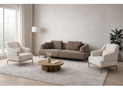 Sofaset mit 2 Sesseln in Beige und Braun, mit Goldenen Metallbeinen