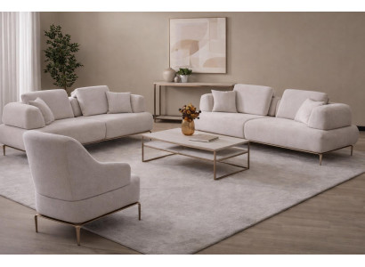 Beige Sofaset mit 2 Sofas und 1 Sessel, Elegante Goldene Metallbeine