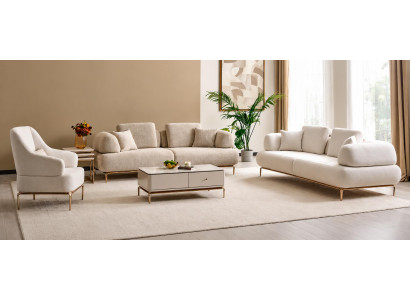 Beige Sofaset mit 2 Sofas und 1 Sessel, Elegante Goldene Metallbeine