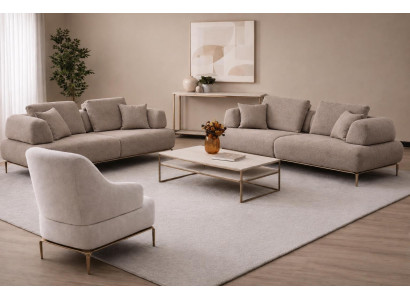 Beige Sofaset mit 2 Sofas und 1 Sessel, Elegante Goldene Metallbeine