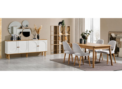Modernes Skandi Esszimmer-Set Tisch 4 Stühle Sideboard Spiegel