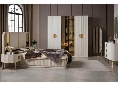 Elegante Beige Schlafzimmergarnitur Edles Bett Designer Kommode Spiegel