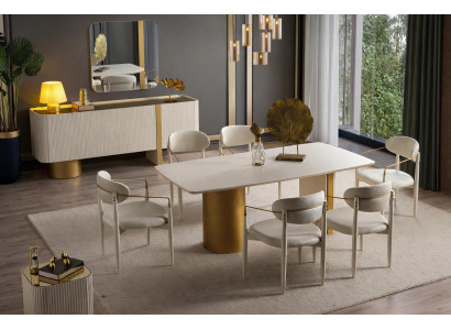 Moderne Essgruppe Edler Esstisch Konsole 6x Textilstühle Spiegel