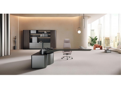 Brauner Büro-Set Designer Eckschreibtisch Robuster Sessel Bücherschrank