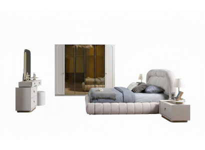 Stilvolles Schlafzimmer-Set Polsterbett 2x Nachttische Schminktisch