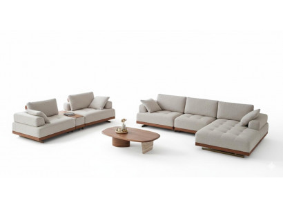 Beige Stoffgarnitur Designer Ecksofa 2-Sitzer Luxuriöser Couchtisch