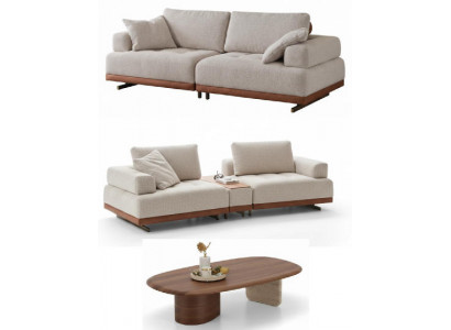 Braun-Beige Polstergarnitur Designer 4-Sitzer Dreisitzer Holztisch