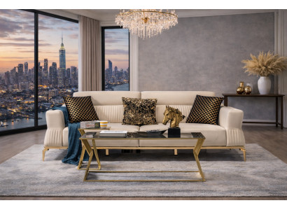 Luxuriöser Beiger 3-Sitzer Edle Goldfüße Wohnzimmer Polstercouch