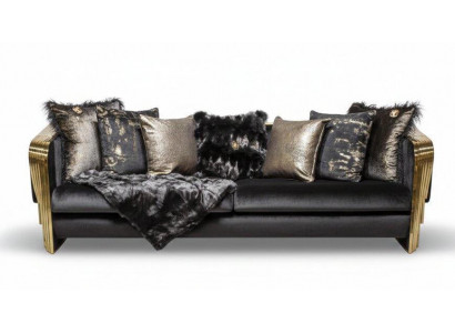 Schwarz-Goldene Textilcouch Edle Verarbeitung 3-Sitzer Sofa Möbel