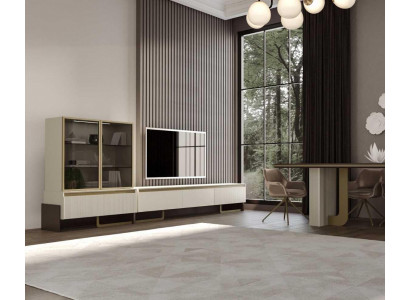 Modernes Wohnzimmer-Set: TV-Einheit und Vitrine mit goldenen Akzenten