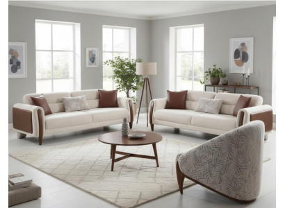 Modernes Beige Sofa Set 3+3+1 Sitzer Stoffsofa Wohnzimmer Elegant Polstermöbel