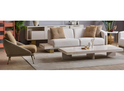 Modern Sofa-Set: 3-Sitzer Sofa, Beistelltisch, Sessel und Couchtisch.