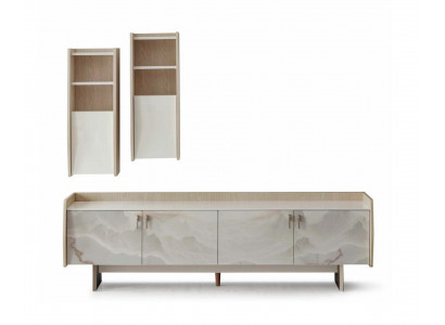 TV Unit Set Beige Moderner Stil Metallgestell Zwei Fächer Hängeschrank