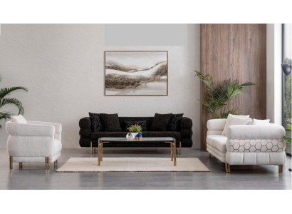 Luxuriöses Set: 2xSofa, Sessel und Couchtisch mit goldenen Akzenten