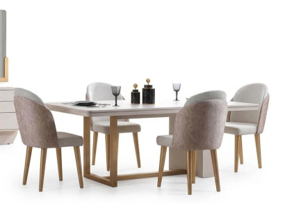 Esszimmer Set Moderner Stil Beige Farbe Geräumige Tisch Weiche Stühle