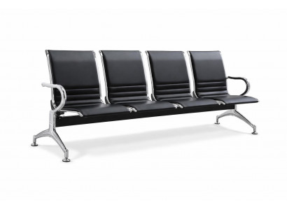 Elegante Vier-Sitzer-Wartebank mit schwarzem Leder und Chromrahmen