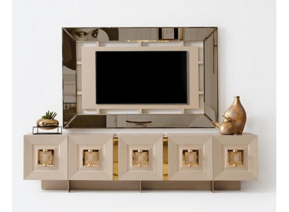 TV Unit Set Unterer Block TV-Panel Holzrahmen Beige Gold Farbe Neu