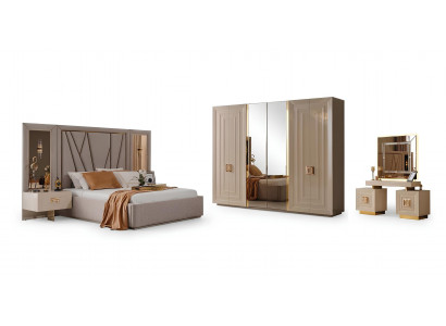 Schlafzimmer-Set Nachttisch Bett Kommode Kleiderschrank Spiegel Beige