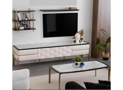Wohnzimmer-Set: Sideboard, Couchtisch & 2 Wandregale, Weiß-Gold