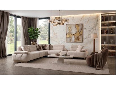 Wohnzimmergarnitur L-förmiges Ecksofa Sessel Modern Beige Gemütlich