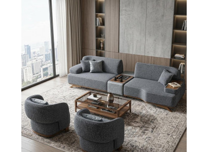 4 Sitzer Sofa Sessel 2x Beleuchtungsmodul Holzrahmen Mittlere Härte