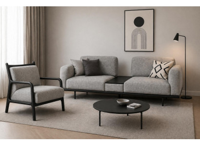 Modernes Sofa 3-Sitzer Sessel Polstergarnitur Grau Stoff 2 tlg