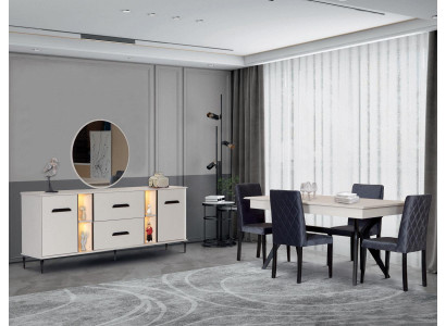 Esszimmer Set Tisch Sideboard Beige Bequem Modern Schwarze Elemente