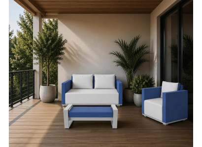Sofa Sessel Couchtisch blau weiß bequem Kunstleder modern neu