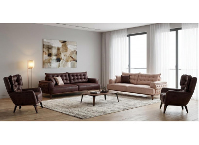 Polstergarnitur 3Sitzer-Sofa Sessel Leder Modern Dunkelbraun Kissen