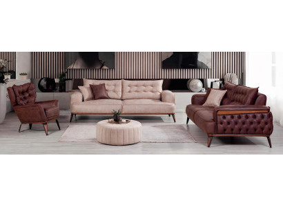 Polstergarnitur 3-Sitzer sofa Sessel Leder Kissen Dunkelbraun Beige