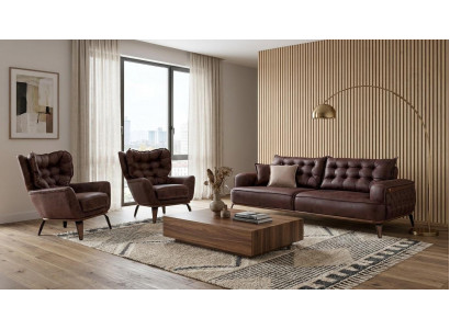 Polstergarnitur 3-Sitzer sofa Sessel Leder Modern Kissen Dunkelbraun