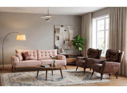 Polstergarnitur 3-Sitzer sofa Sessel Leder Modern Kissen Braun Beige