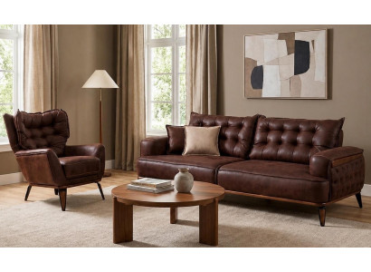Polstergarnitur 3Sitzer-Sofa Sessel Leder Modern Dunkelbraun Kissen