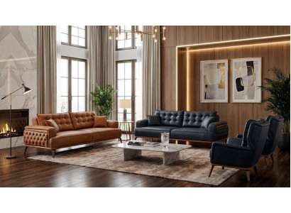 Polstergarnitur 3Sitzer-Sofa Sessel Leder Dunkelblau Braun Kissen Neu